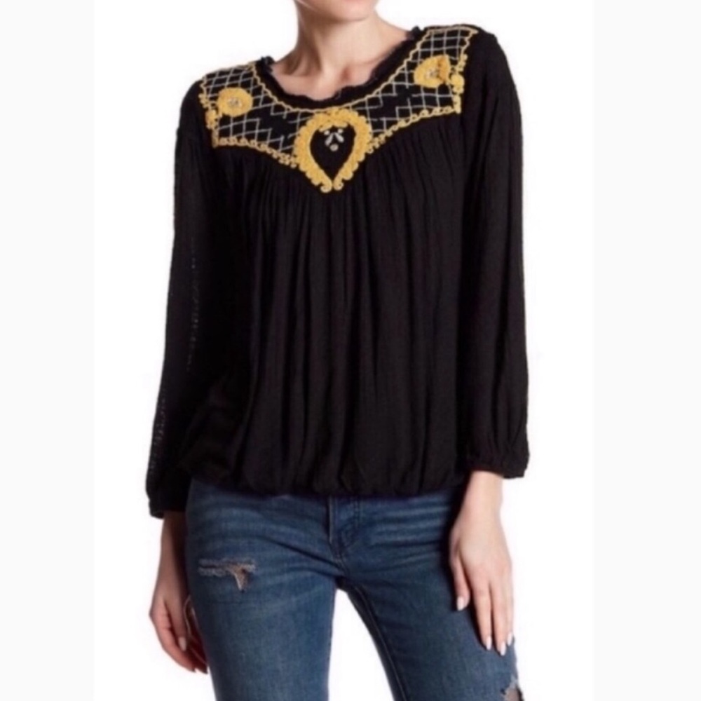 Free People Begonia Linen Blend Embroidered Top
